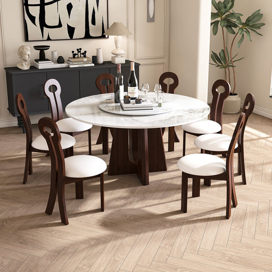 Modern Marble Dining Table, 59' Sintered Stone Round Dining Table with Solid Wood Walnut Base, Sturdy Cross Design for 6-8 People-Walnut (with 8 Chairs)