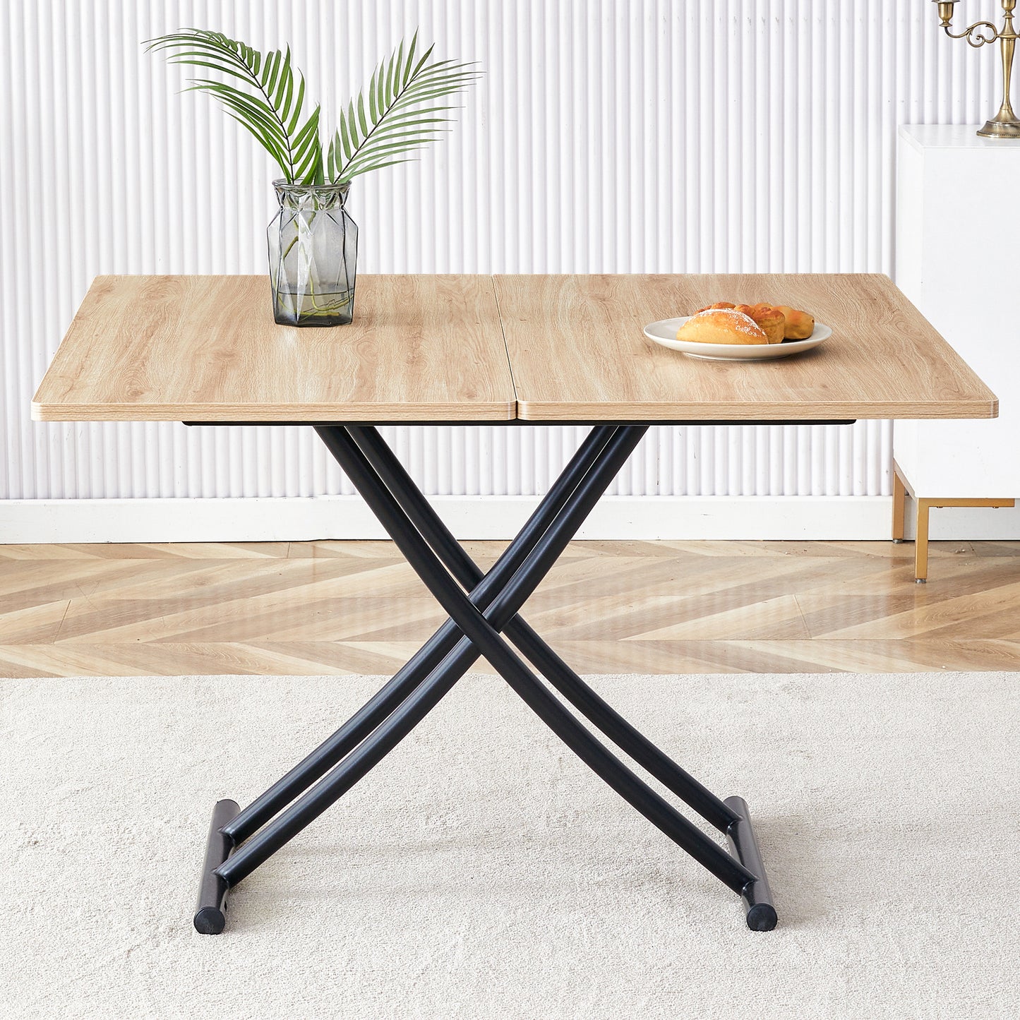 Modern minimalist multifunctional lift table with 0.8-inch MFC tabletop and black metal legs, can be used as dressing table, coffee table, dining table, and office desk.  LT-10055