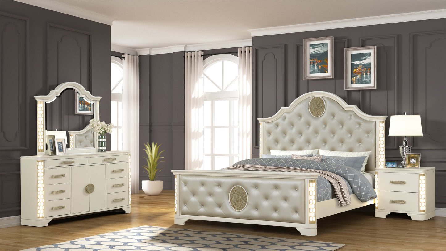 King 4 Pc Unique LED Bedroom Set made with Wood in Beige