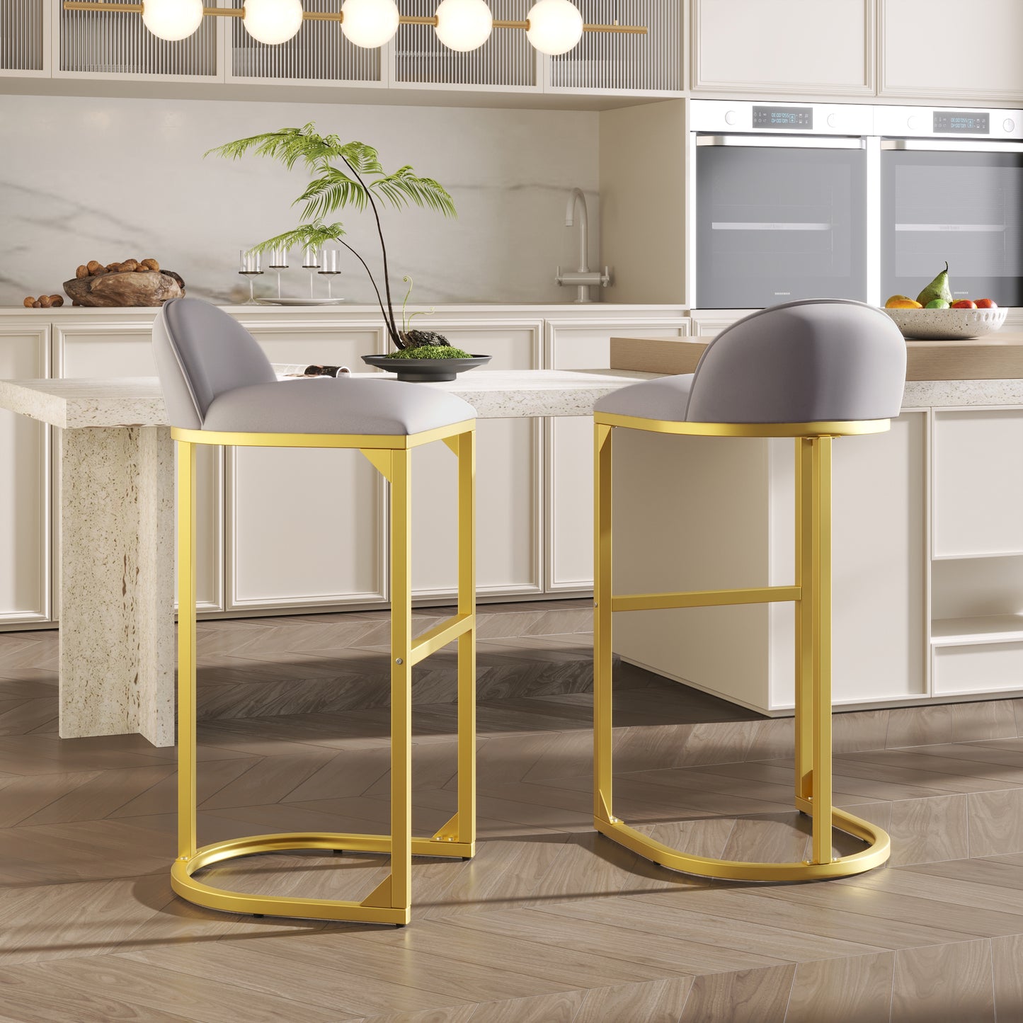 30" Counter Height Bar Stools Set of 2, Bar Stools with Back and Gold Metal Frame, Modern Luxury Bar Stools with Footrest, Upholstered Velvet Counter Stool Chairs for Kitchen Island