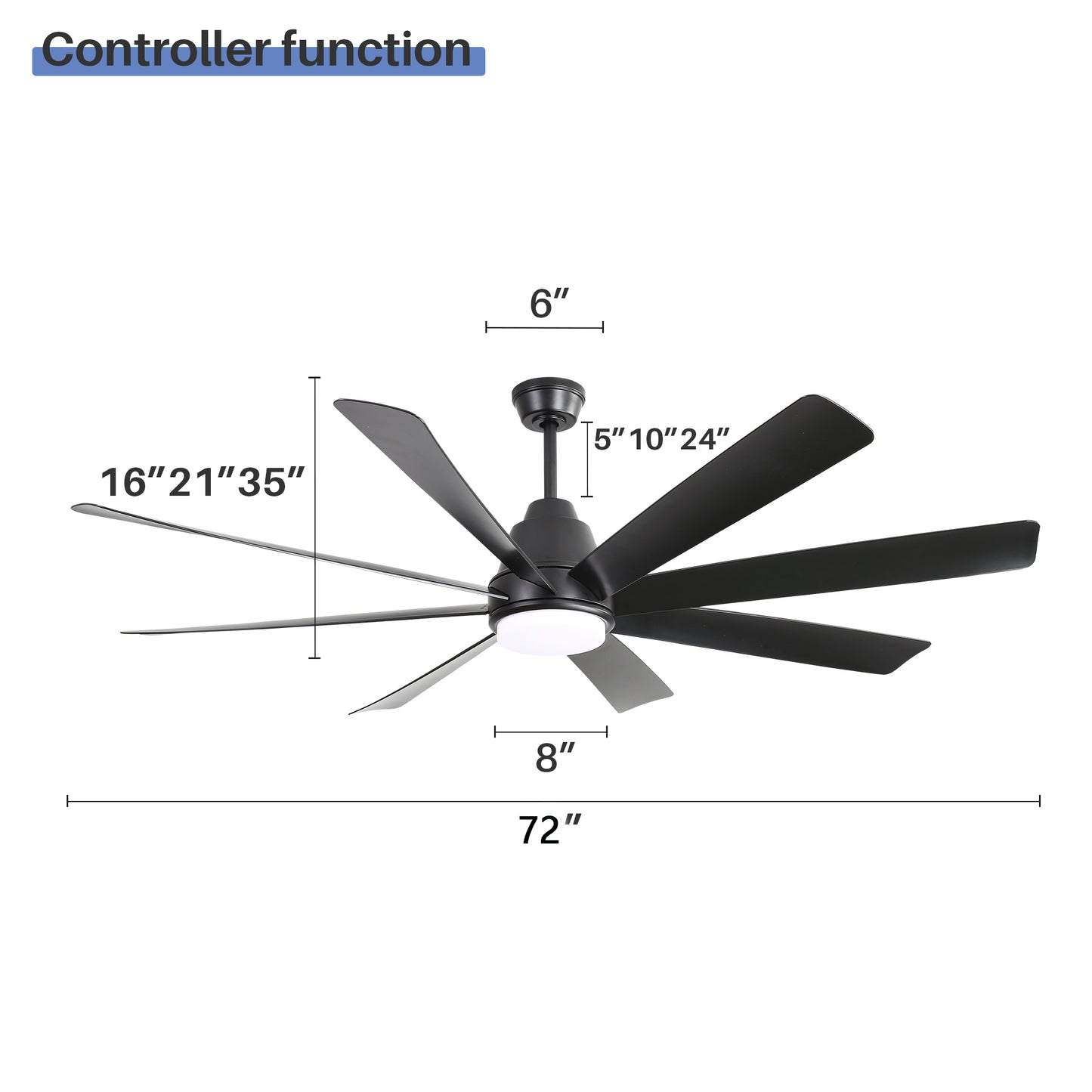 72 Inch Large Ceiling Fans with Lights and Remote Control 6 Wind Speed DC Motor Black for Living Room