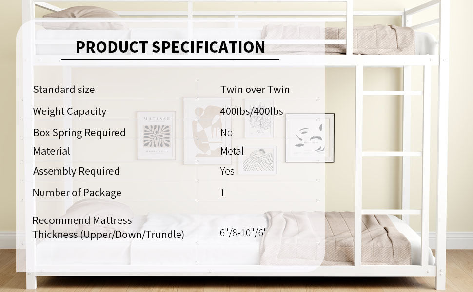 Metal Twin over Twin Bunk Bed/ Heavy-duty Sturdy Metal/ Noise Reduced/ Safety Guardrail/No Box Spring Needed,White