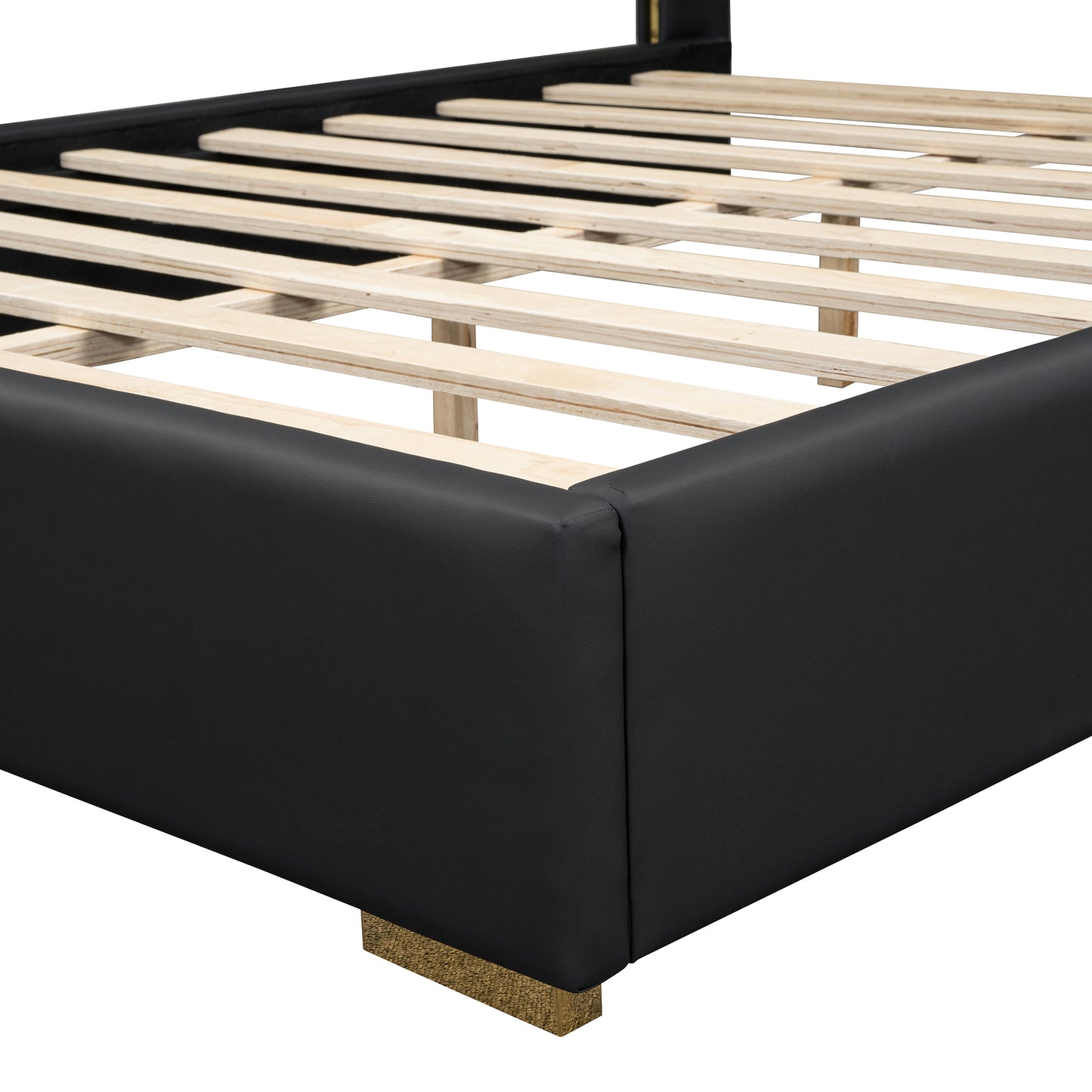 Queen Size Upholstered Platform Bed with Metal Strips, Black