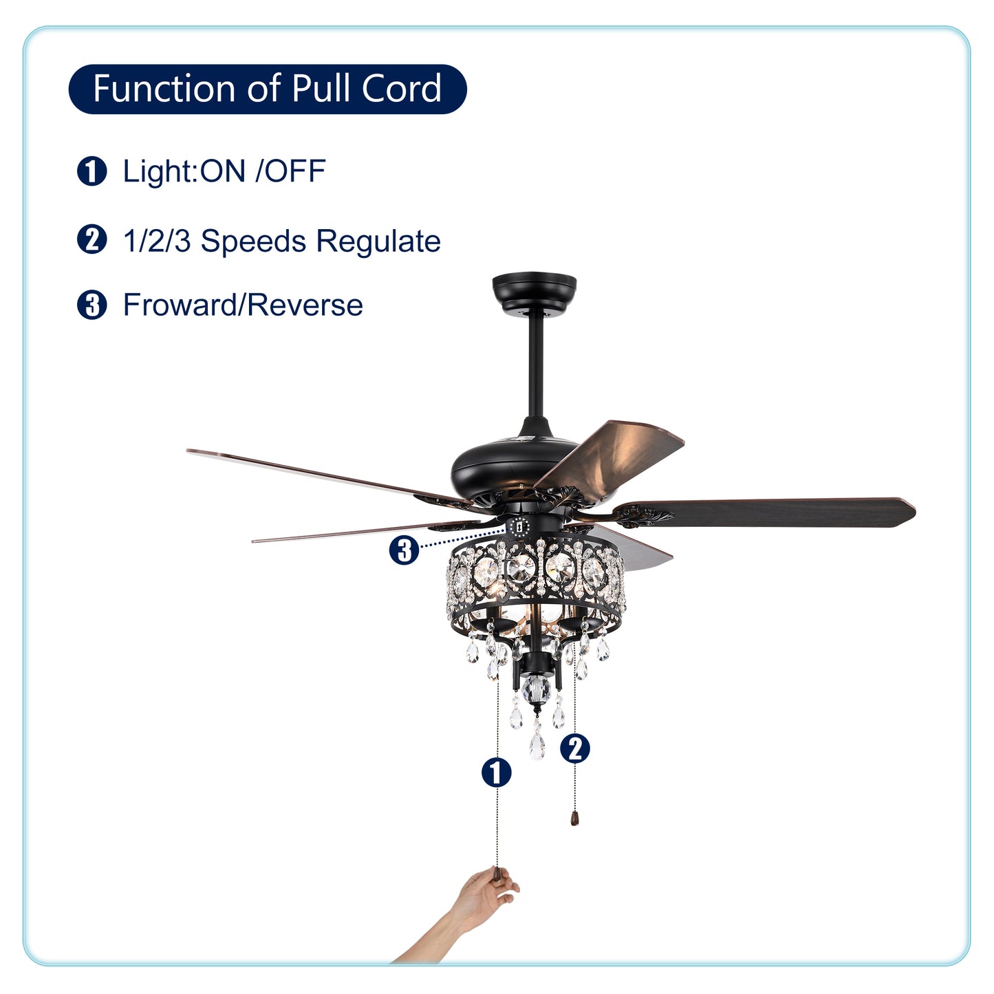 52'' Crystal Shade Ceiling Fan Lamp With Remote Control,3 Speed ,4 Timing , 5 Reversible Blades Crystal Ceiling Fan ,3PCS*E12  (NO Include Bulb) --  Hand Pull Chain