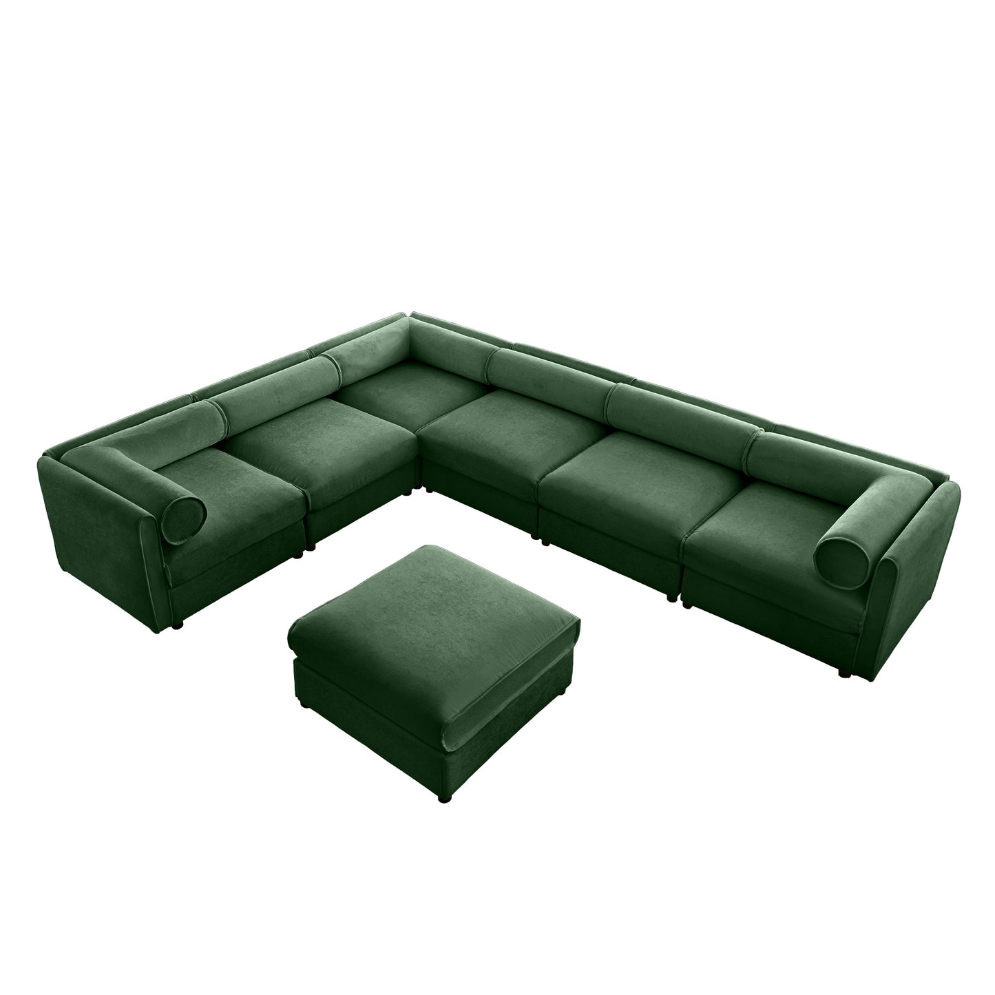 Large Modular Sectional Sofa with Storage, Cylindrical Backrest and Armrests, 6 Seats, Green Chenille