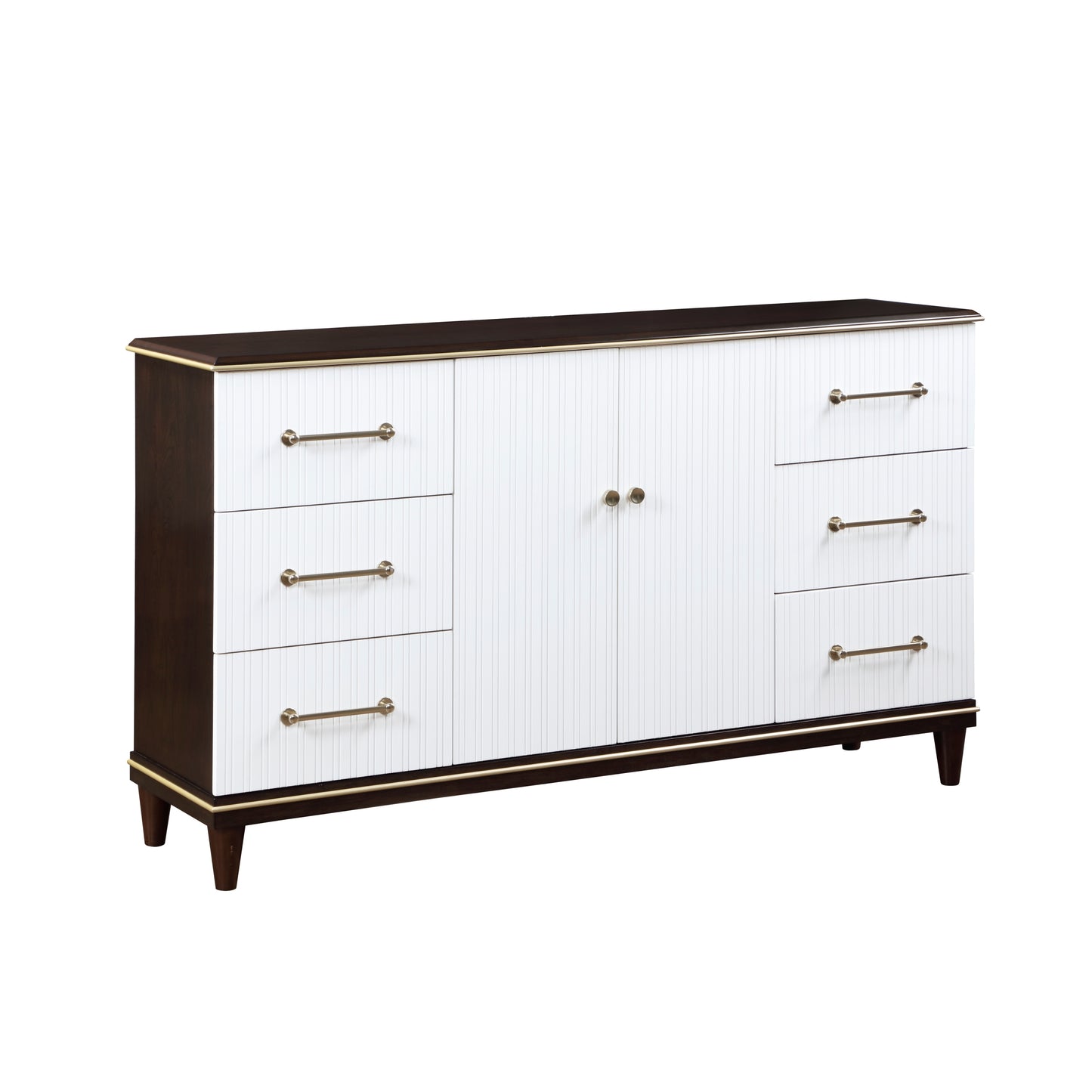 Contemporary White and Cherry Finish 1pc Dresser of 6x Drawers 2x Shelves Modern Bedroom Furniture 2-Tone Finish with Gold Trim