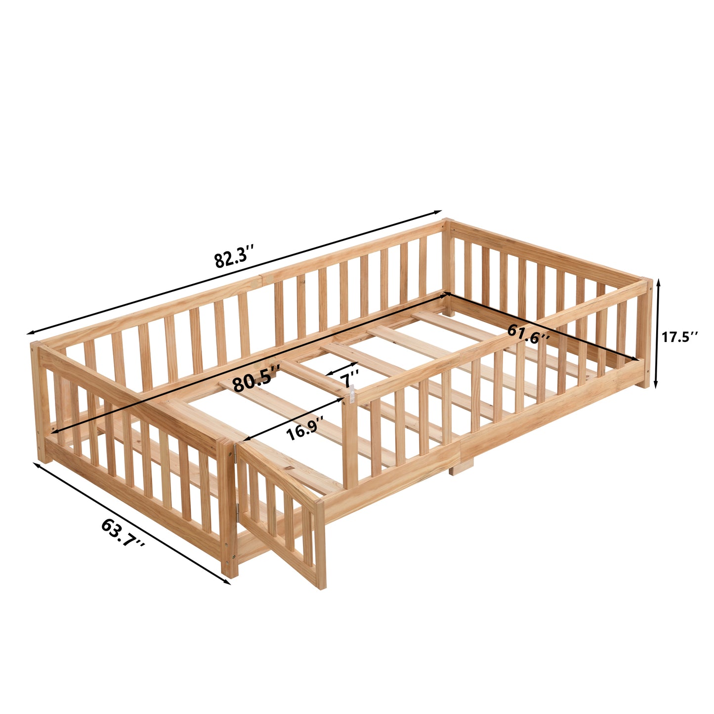 Queen Size Floor Bed with Door, Solid Wood Platform Bed Frame with Fence , Suitable for children , Pine Wood , Natural