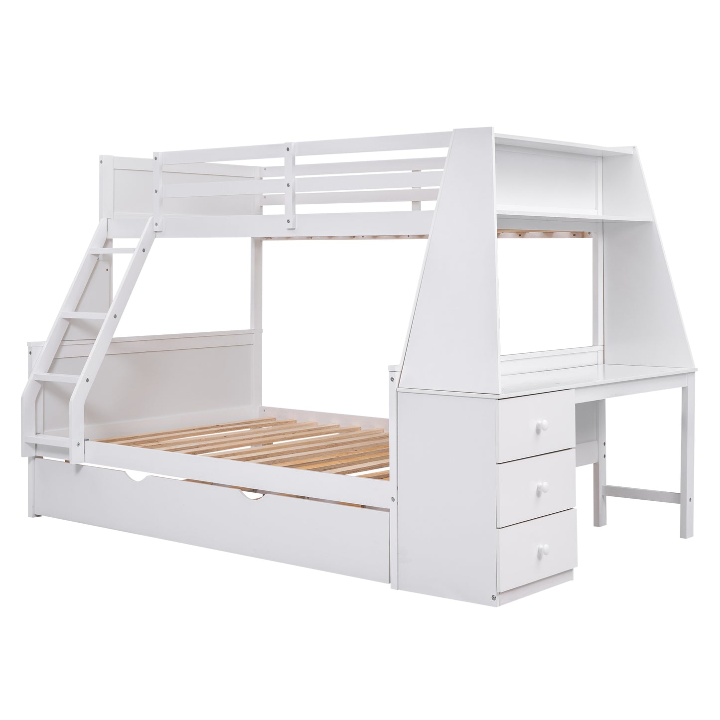 Twin over Full Bunk Bed with Trundle and Built-in Desk, White