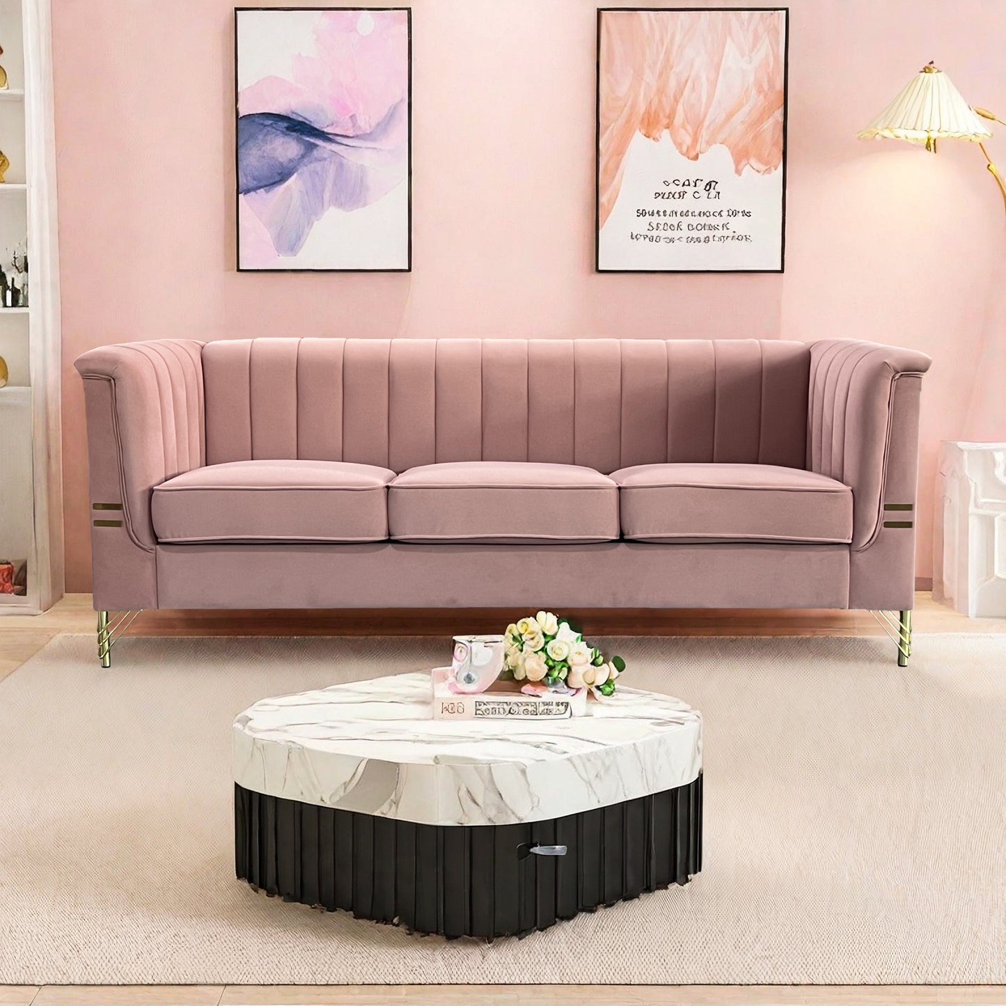 FX-P82-PK(SOFA)-Modern Designs Velvet Upholstered Living Room Sofa, 3 Seat Sofa Couch with  Golden Metal Legs for Home, Apartment or Office  Pink SOFA