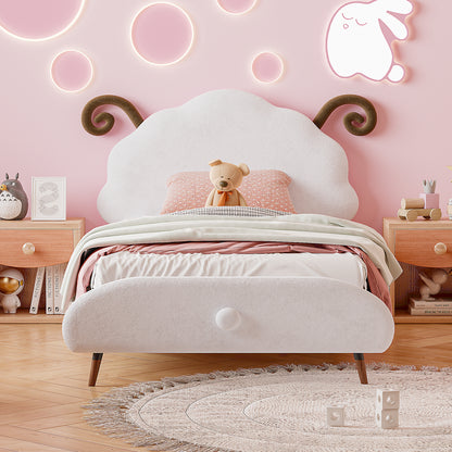 Twin Size Upholstered Platform Bed with Sheep-Shaped Headboard, White