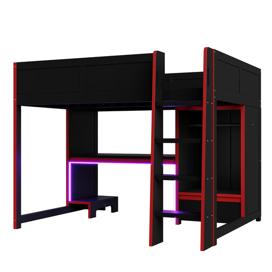 Black Wood Full Size Gaming Loft Bed with Built-in Desk, Wardrobe, LED Lighting and Drawer, Pine Wood+MDF