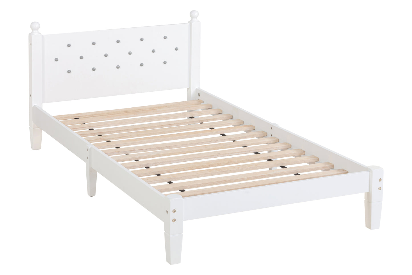 Twin Bed with Button-Decoration Headboard, with Bed Slats,White