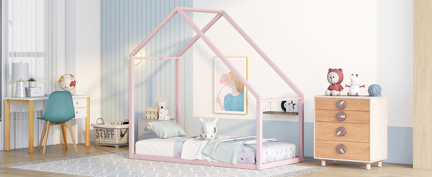 Twin Size Metal House Bed Kids Bed, Pink