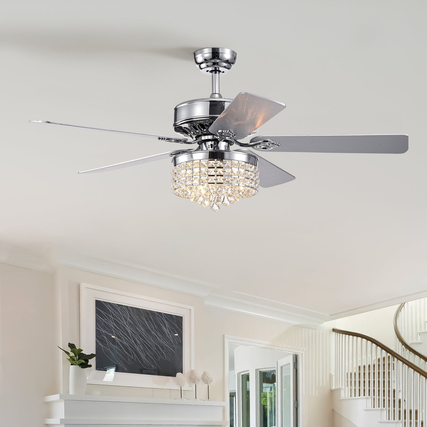 52Inch Crystal Ceiling Fan with Lights, 5 Wood Blades , Modern Fandelier Ceiling Fan with Noiseless Motor, Chandelier Fan with Remote for Bedroom,Living Room--Chrome
3*G9  Bulb