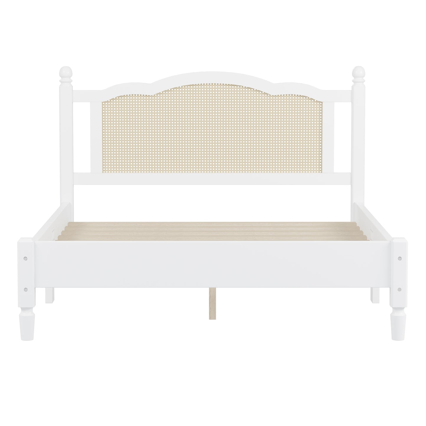 Queen Size Wooden Platform Bed with Natural Rattan Headboard, Vintage Bed Frame with Wooden Slat Support, White