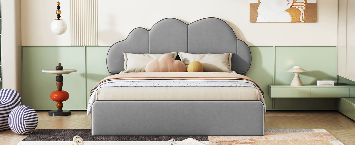 Queen size Upholstered Platform Bed with Cloud-shaped Headboard, Gray