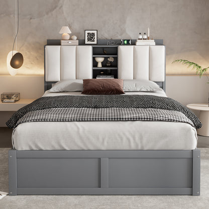 Wood Full Size Platform Bed with Storage Headboard and 4 Drawers, Gray