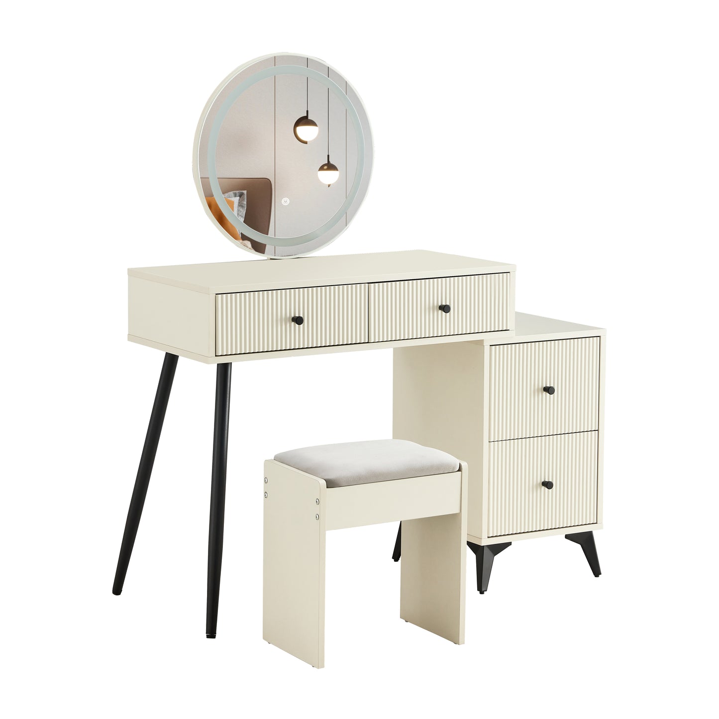 Fluted Makeup Vanity Desk with Round LED  Mirror and Lights, Modern Glass Top Big Vanity Table with 4 Drawers & Adjustable Shelves, Dressing Table Set  with stools table with movable side table