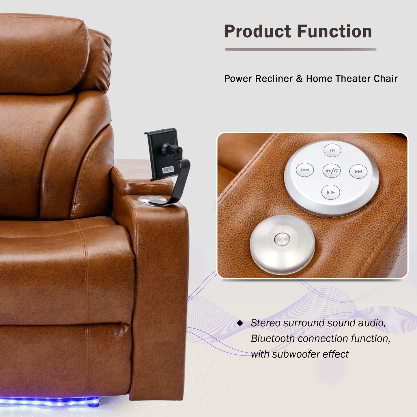 Power Motion Recliner Electric Power Recliner with USB Charging Port, Hidden Arm Storage, Convenient Cup Holder and Bluetooth Speaker,  Light  Brown(Old Sku:SG000800AAS)