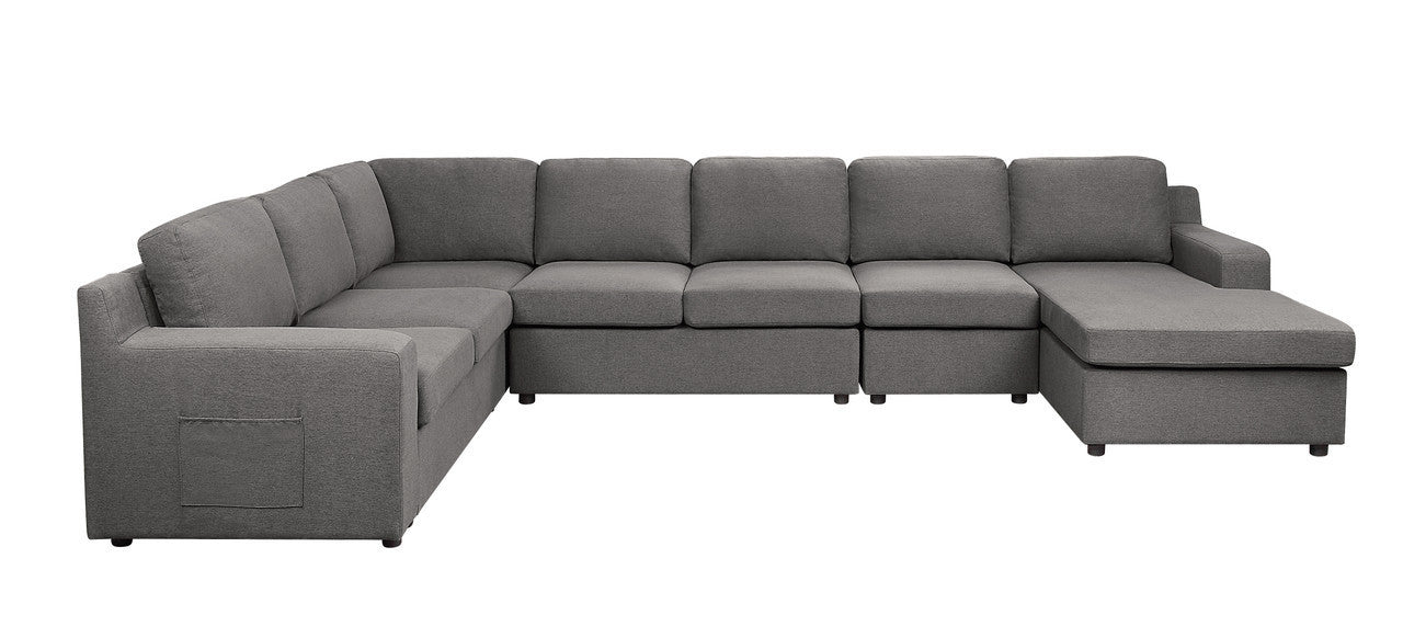 Waylon 145.5" Gray Linen 7-Seater U-Shape Sectional Sofa Chaise with Pocket