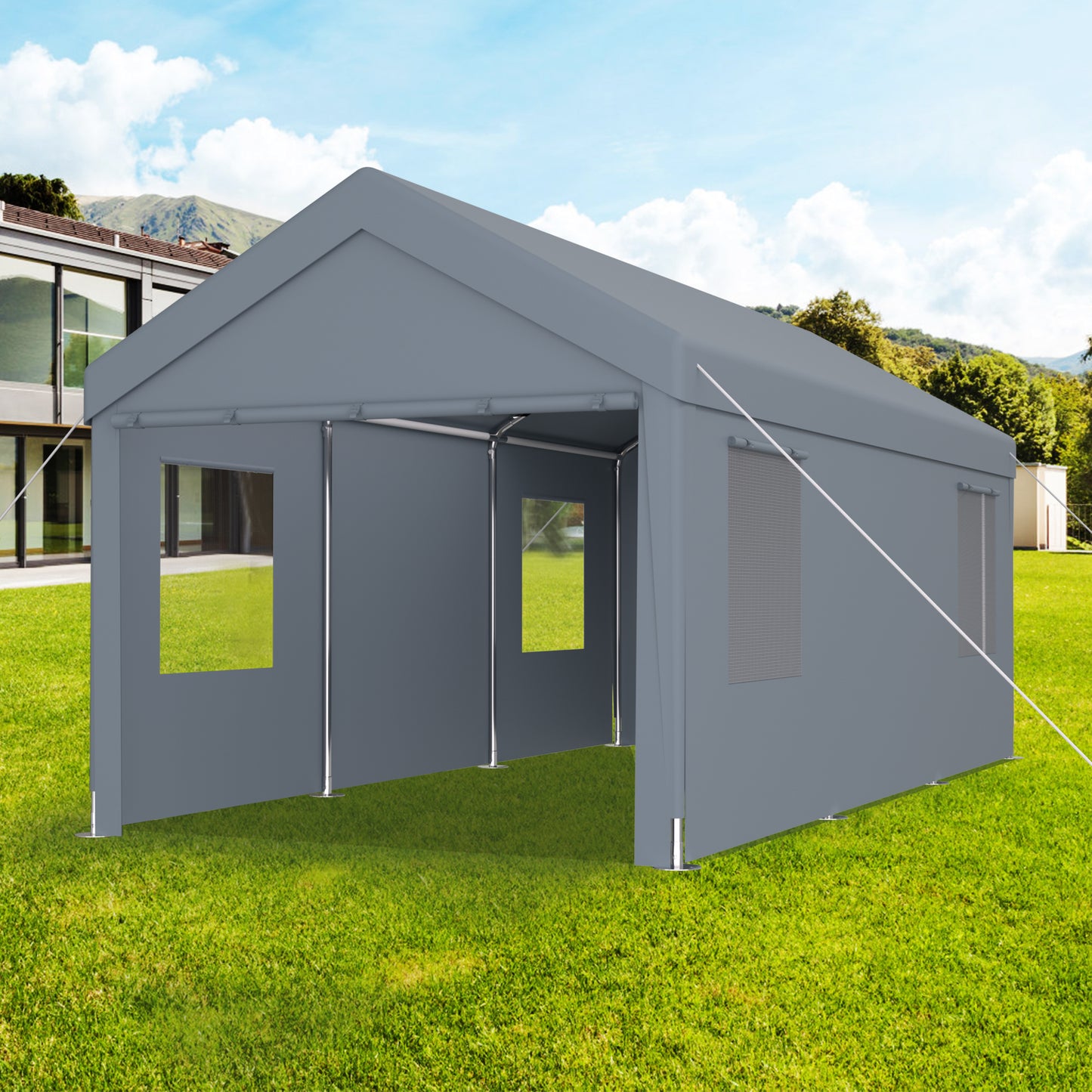 Carport 10' x 20' Portable Garage, Heavy Duty Car Port Canopy with 2 Roll-up Doors & 4 Ventilated Windows for Car, Truck, Boat, Garden Tools, grey