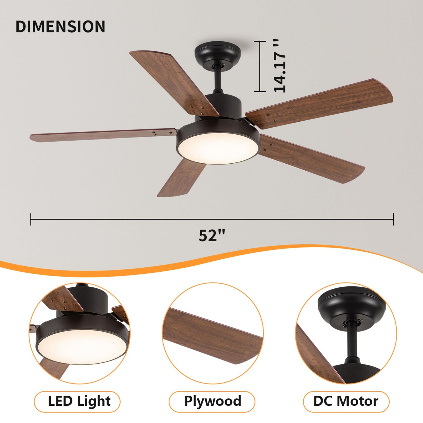 52 Inch Downrod Ceiling Fans with Lights and Remote Control, Modern Outdoor Indoor Wood and Dark 5 Blades LED Lights Smart Ceiling Fans for Bedroom, Living Room, and Patios (Set of 2)