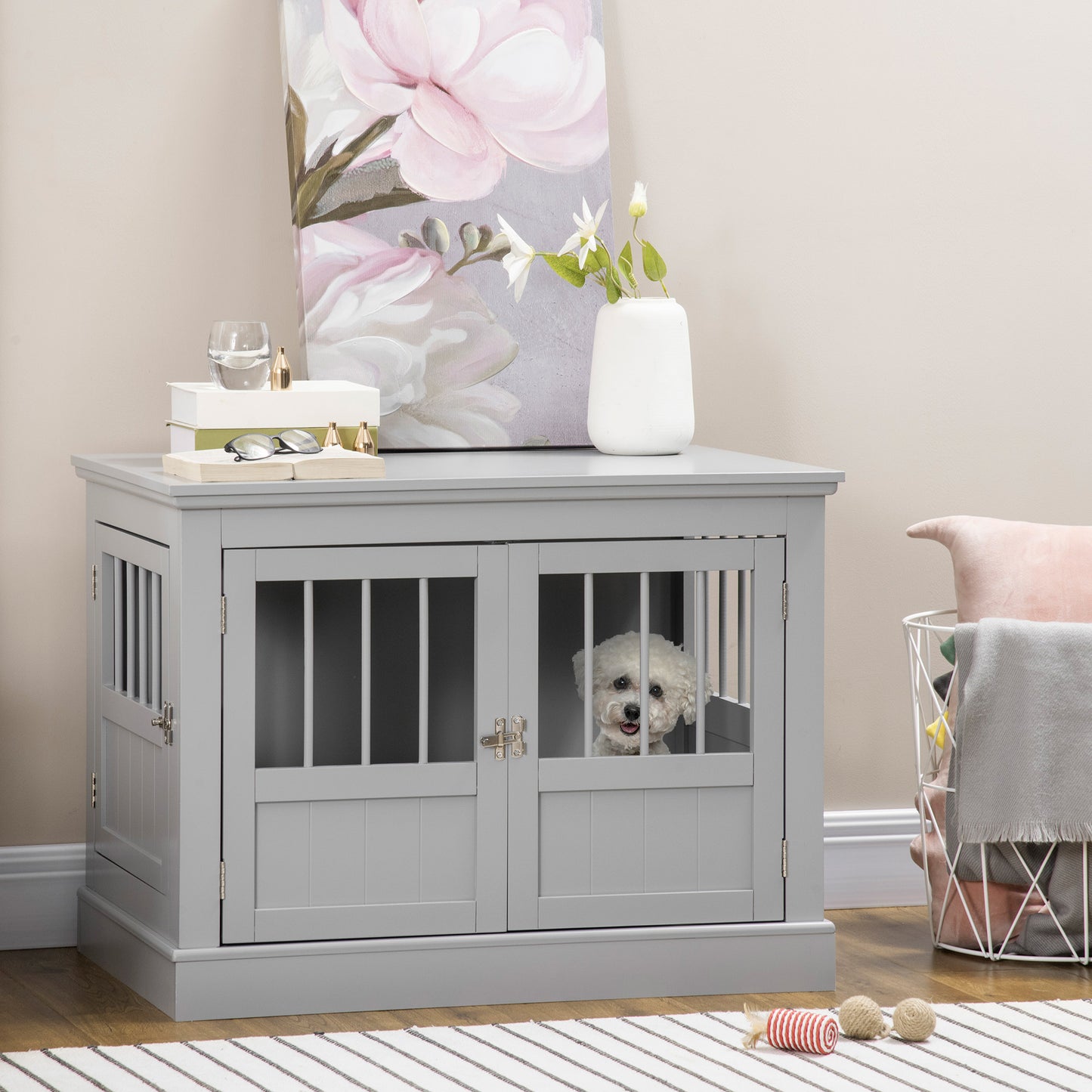 PawHut Dog Crate End Table with Triple Doors, Wooden Dog Crate Furniture Indoor Use, Puppy Crate with and Steel Tubes, for Small Dogs, Pewter Gray