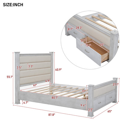 Queen Size Wood Frame Platform Bed with Upholstered Headboard, Footboard and 2 Drawers, Antique White