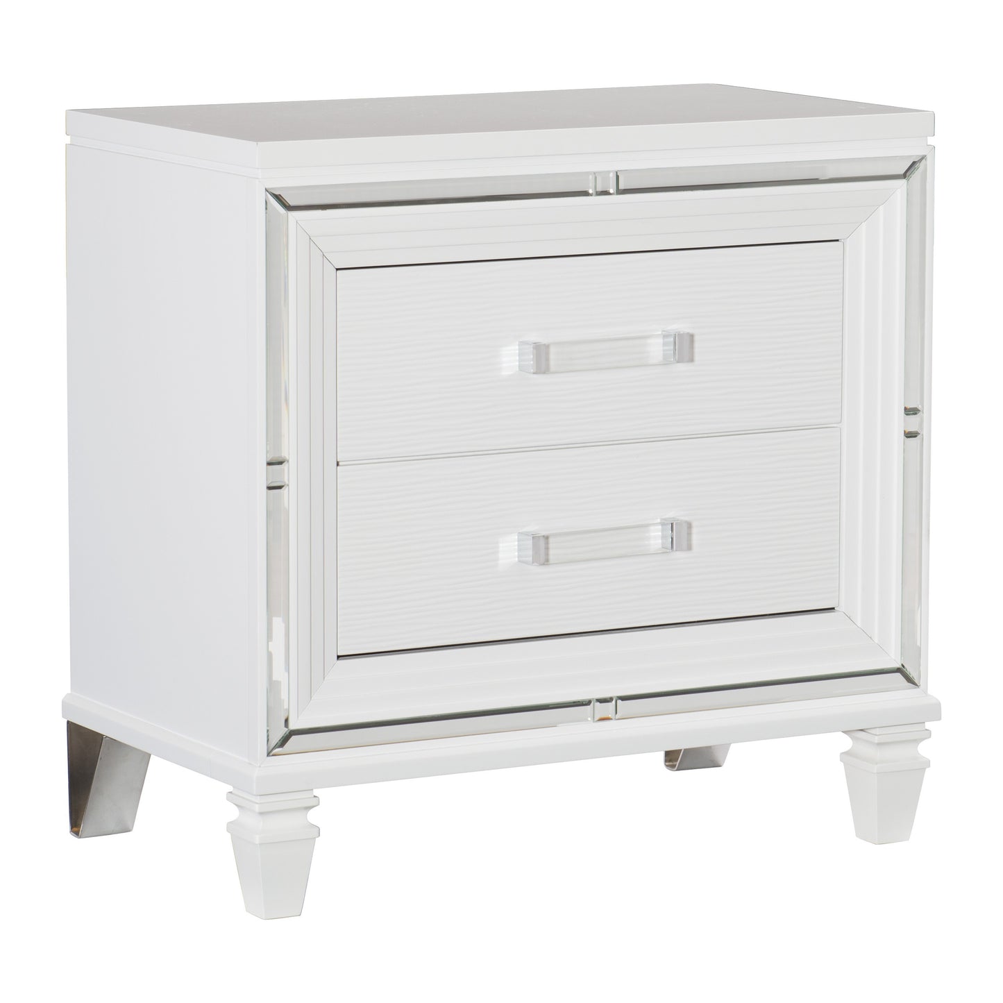 Glamorous White Silver Finish 1pc Nightstand of 2x Drawers Acrylic Bar Pulls Stylish Bedroom Furniture