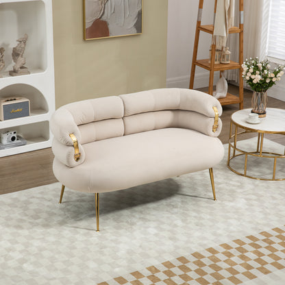 COOLMORE Small Loveseat Sofa, Upholstered Mini Couch with Curved Backrest with Stylish Golden Decor, Small Comfy Love Seat Leisure Accent Couch for Living Room, Bedroom, Office (Beige)