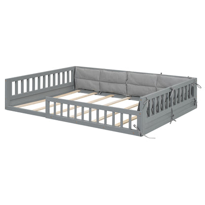 Wood Full Size Upholstered Platform Bed with Guardrail and Pillow, Gray