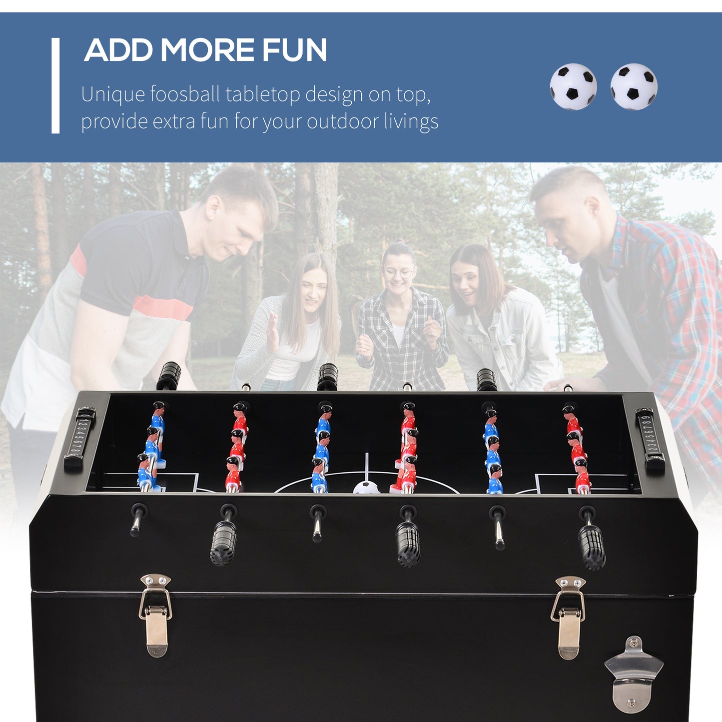 Outsunny 68QT Patio Cooler Ice Chest with Foosball Table Top, Portable Poolside Party Bar Cold Drink Rolling Cart on Wheels with Tray Shelf