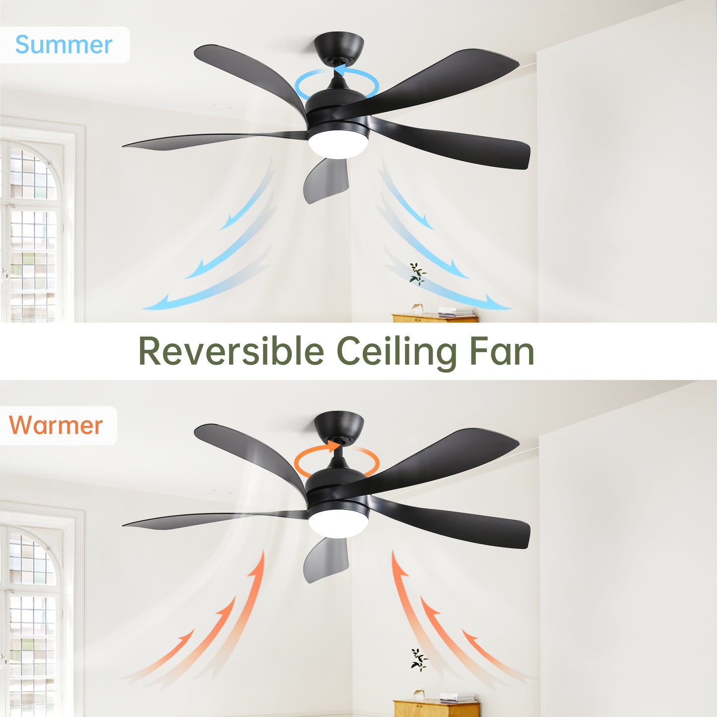 52 Inch Modern Ceiling Fan With 3 Color Dimmable Light 5 ABS Blades Smart Remote Control Reversible DC Motor Black