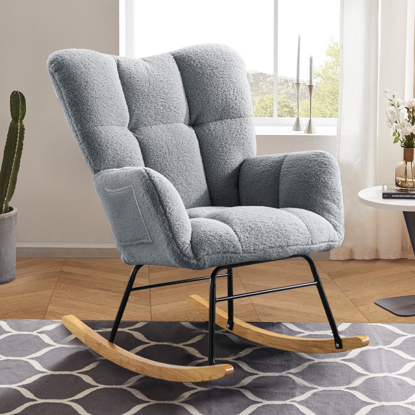 Teddy Fabric Rocking Chair, Modern Rocking Accent Chair for Nursery, Living Room, Bedroom, Gray