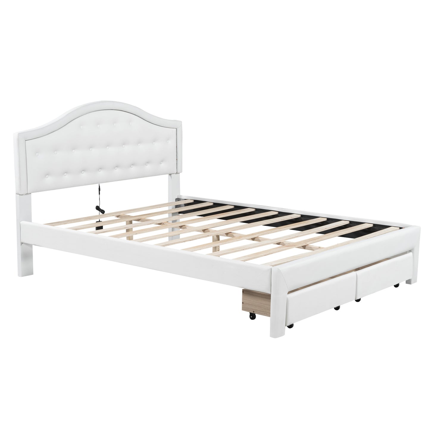 Queen Size Upholstered Platform Bed with Tufted Headboard, LED and 2 Drawers, White