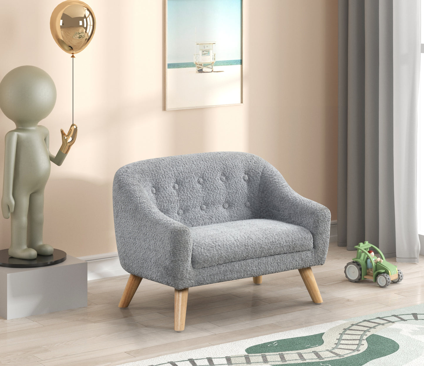 Amelia 28"W Gray Chenille Kids Sofa with Tufted Back and Wooden Legs