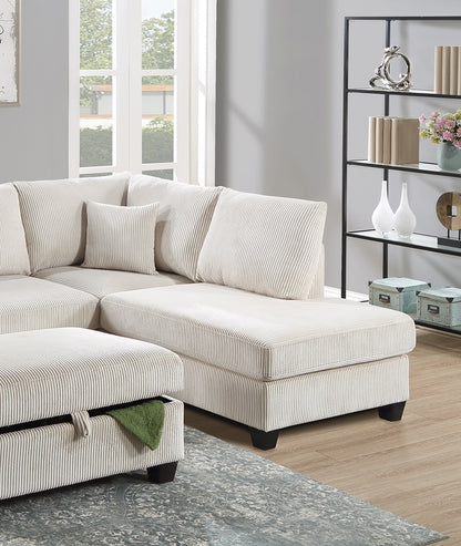 Ivory Color 3pc Sectional Set Corduroy Upholstered LAF Sofa RAF Chaise Ottoman L-Sectional Living Room Furniture