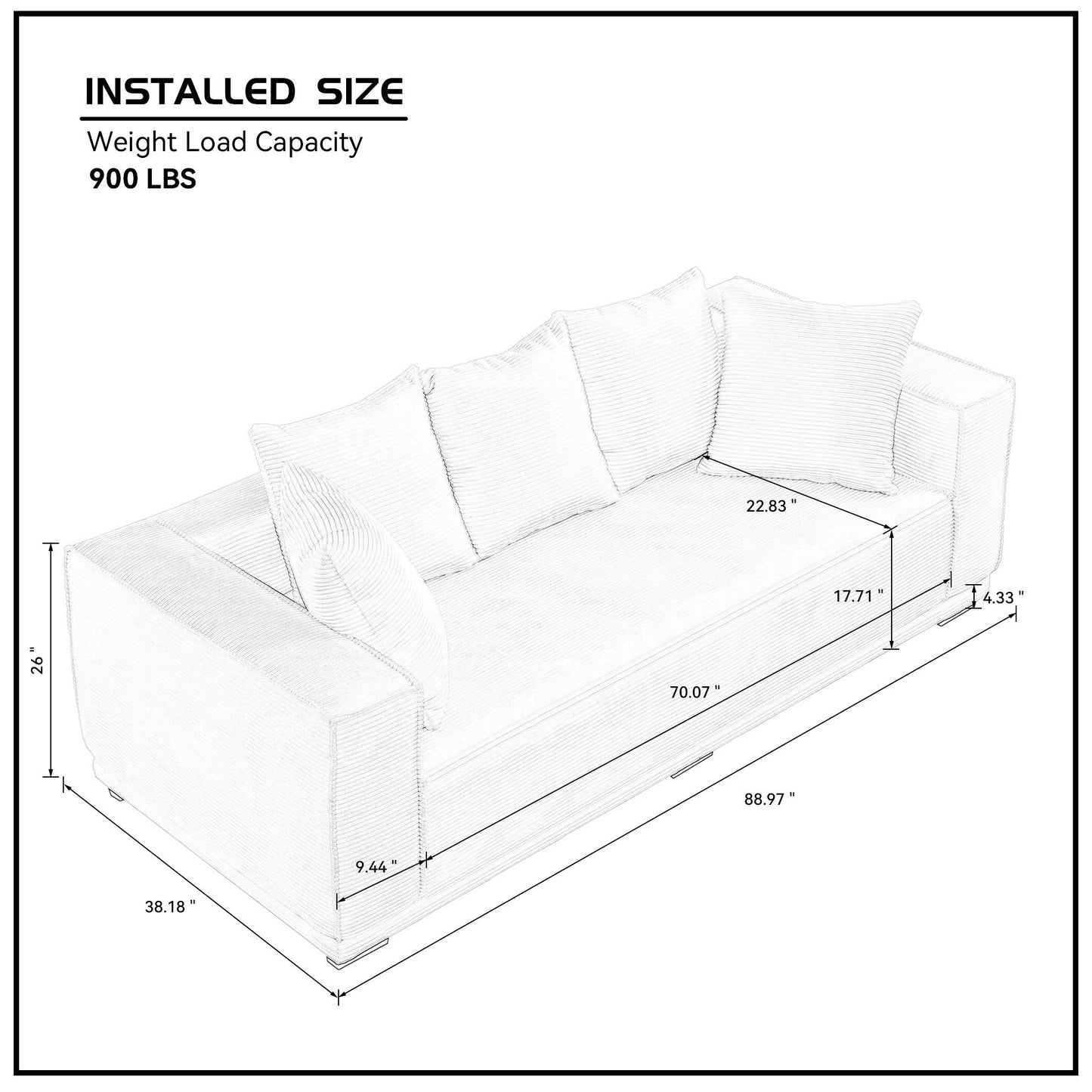 88.97'' Mid Century Modern Upholstered Sofa  with 5 Matching Toss Pillows, Including bottom frame,Comfy Couches  for Living Room, Bedroom, Apartment and Office.WHITE