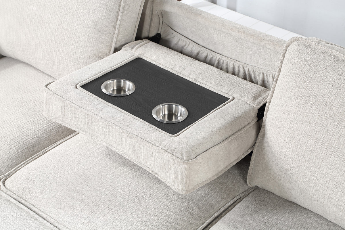 Estelle 86.5" Beige Fabric Reversible Sleeper Sectional with Storage Chaise Drop-Down Table 2 Cup Holders and 2USB Ports