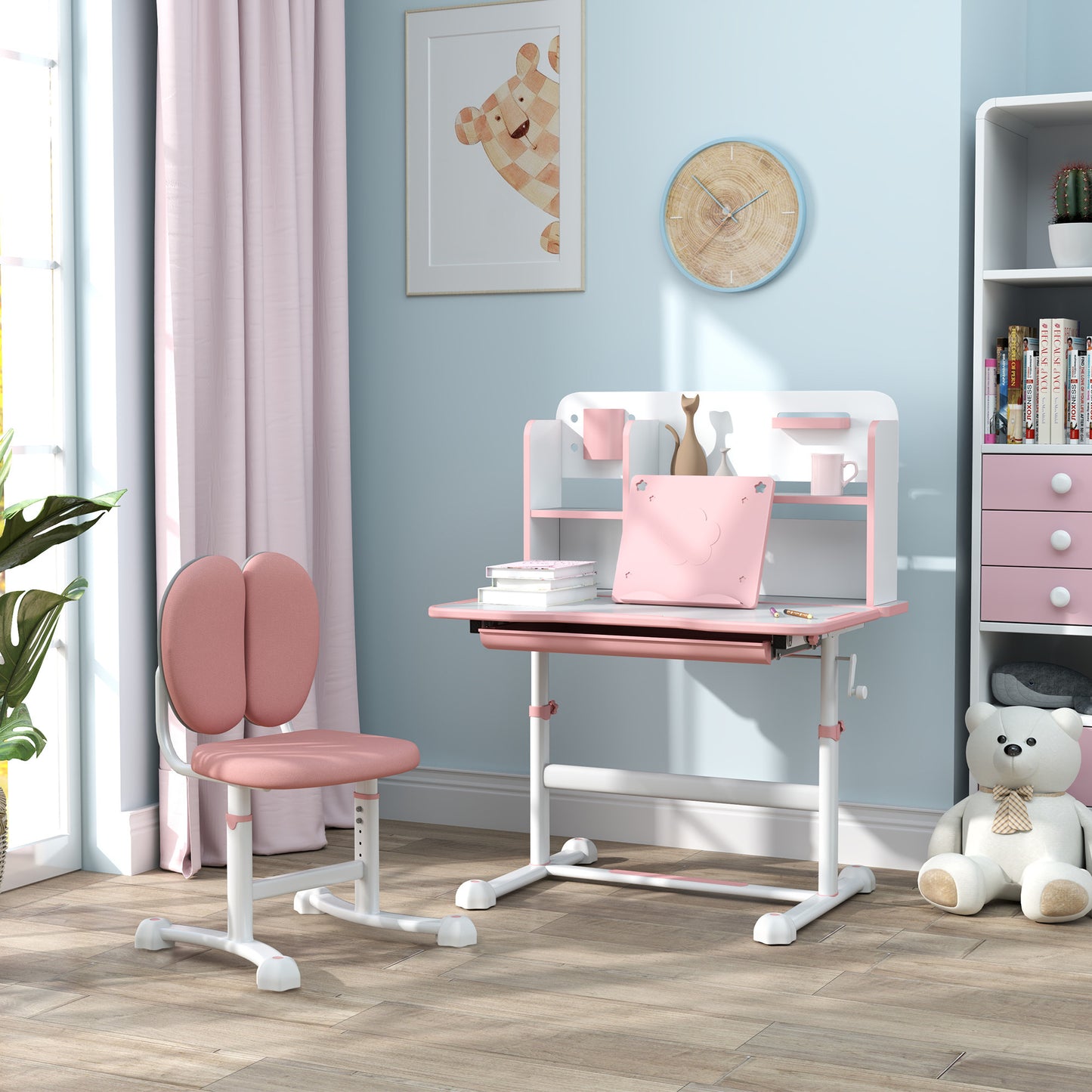 Qaba Kids Desk and Chair Set, Height Adjustable Kids School Study Desk and Chair Set with Tilt Desktop, Storage Drawer and Reading Rack for Writing, Reading and Drawing, Pink