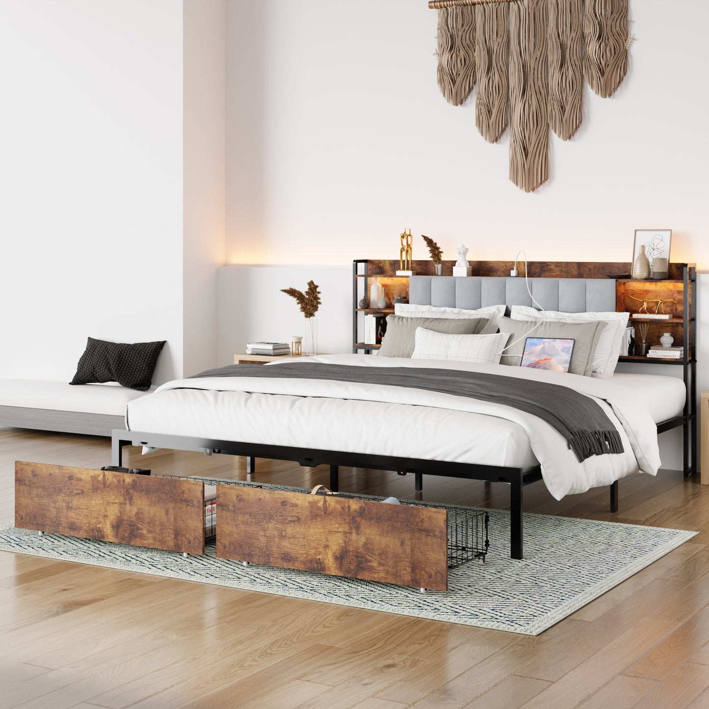 King Size Bed Frame with 2 Storage Drawers and LED Lights Headboard, Upholstered king Bed Frame with Charging Station, No Box Spring Needed, Easy Assembly