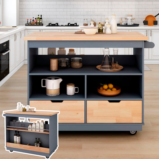 Rolling Kitchen Island with Storage, Two-sided Kitchen island Cart on Wheels with Wood Top, Wine and Spice Rack, Large Kitchen Cart with 2 Drawers, 3 Open Compartments, Grey Blue