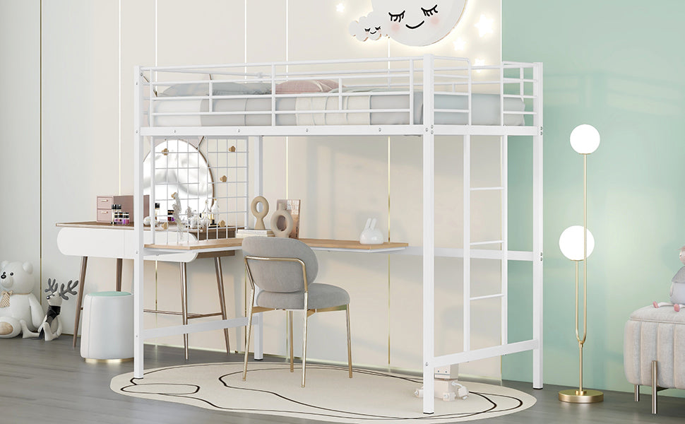 Twin Metal Loft Bed with Desk and Metal Grid,White