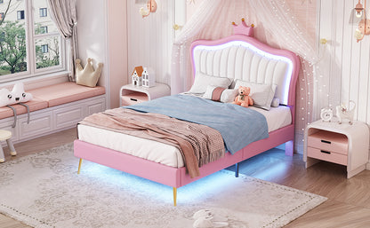 Twin Size Upholstered Bed Frame with LED Lights, Modern Upholstered Princess Bed With Crown Headboard,White+Pink