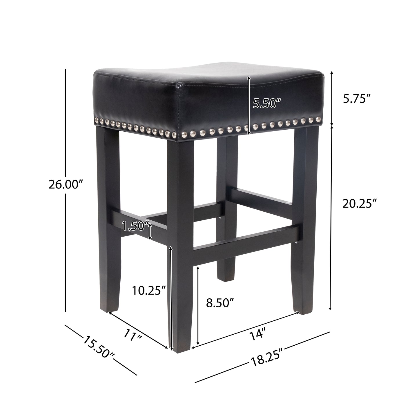 26" Backless Leather Counter Stools, 2-Pcs Set, Black