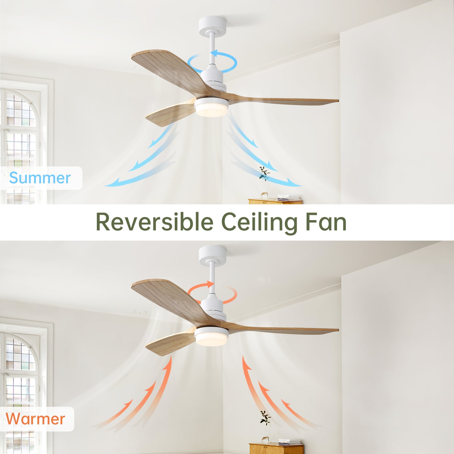 52 Inch Ceiling Fan With Dimmable Led Light 6 Speed Remote 3 Wood Blade Reversible DC Motor For Bedroom