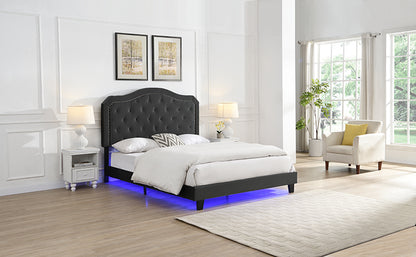 Upholstered Bed Button Tufted with Curve Design - Strong Wood Slat Support - Easy Assembly - Black Velvet - With LED light-platform bed - Queen