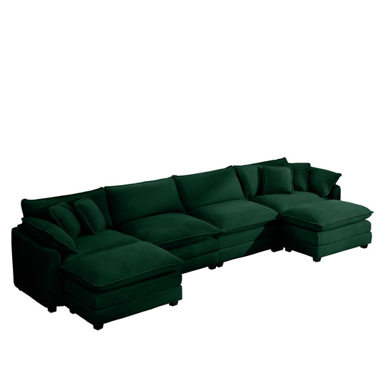 Modern Upholstered Corduroy Sofa with 3 Footstools, 4 Seater, Green, Easy to Assemble