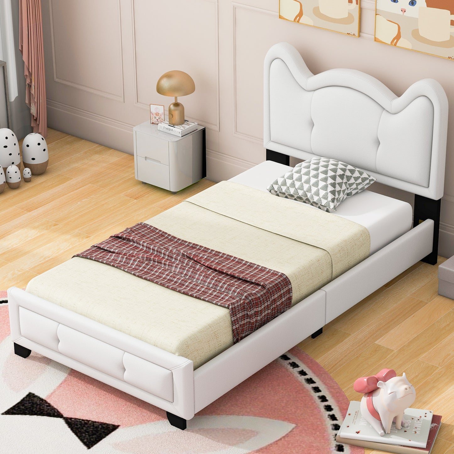 Twin Size Upholstered Platform Bed with Carton Ears Shaped Headboard, White