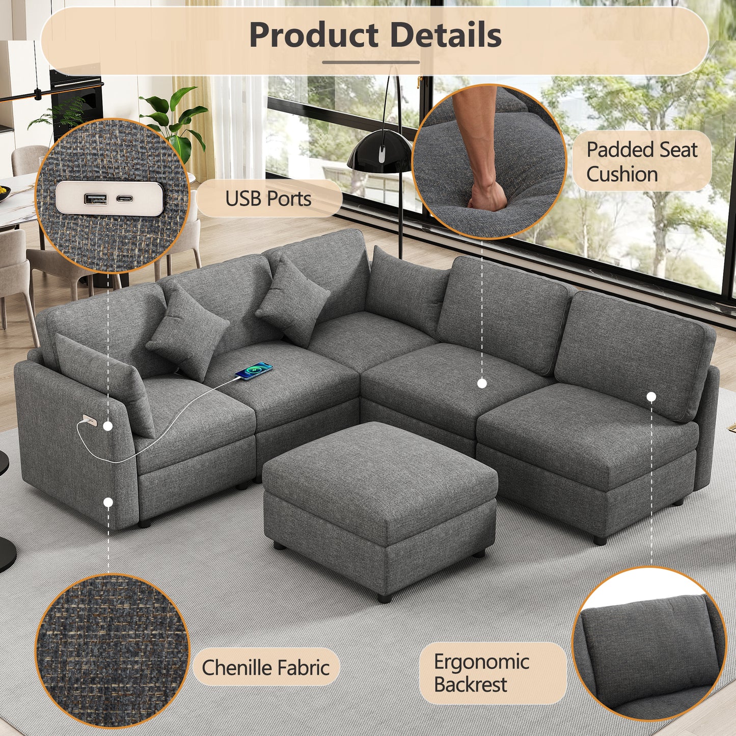 85.4" Sectional Sofa Modular Sofa U-shaped Sofa Couch Sofa Bed L-shaped Sofa with a Movable Ottoman and Two USB Ports for Living Room, Grey